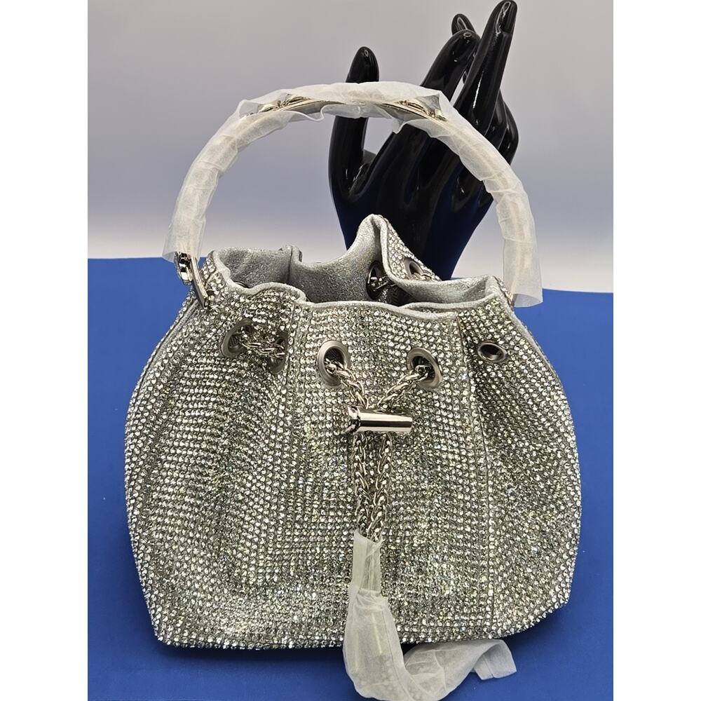 Silver Rhinestone Crystal Bucket Bag Purse w/ Chain Strap & Top Handle – New - Picture 4 of 9